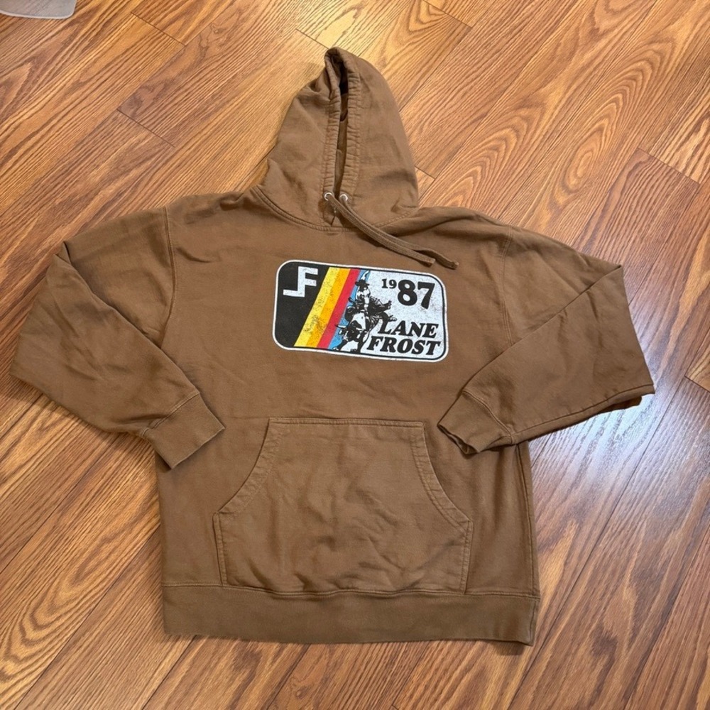 Lane Frost 1987 Bull Riding Graphic Hoodie Brown Mens Large SS4500P Rodeo